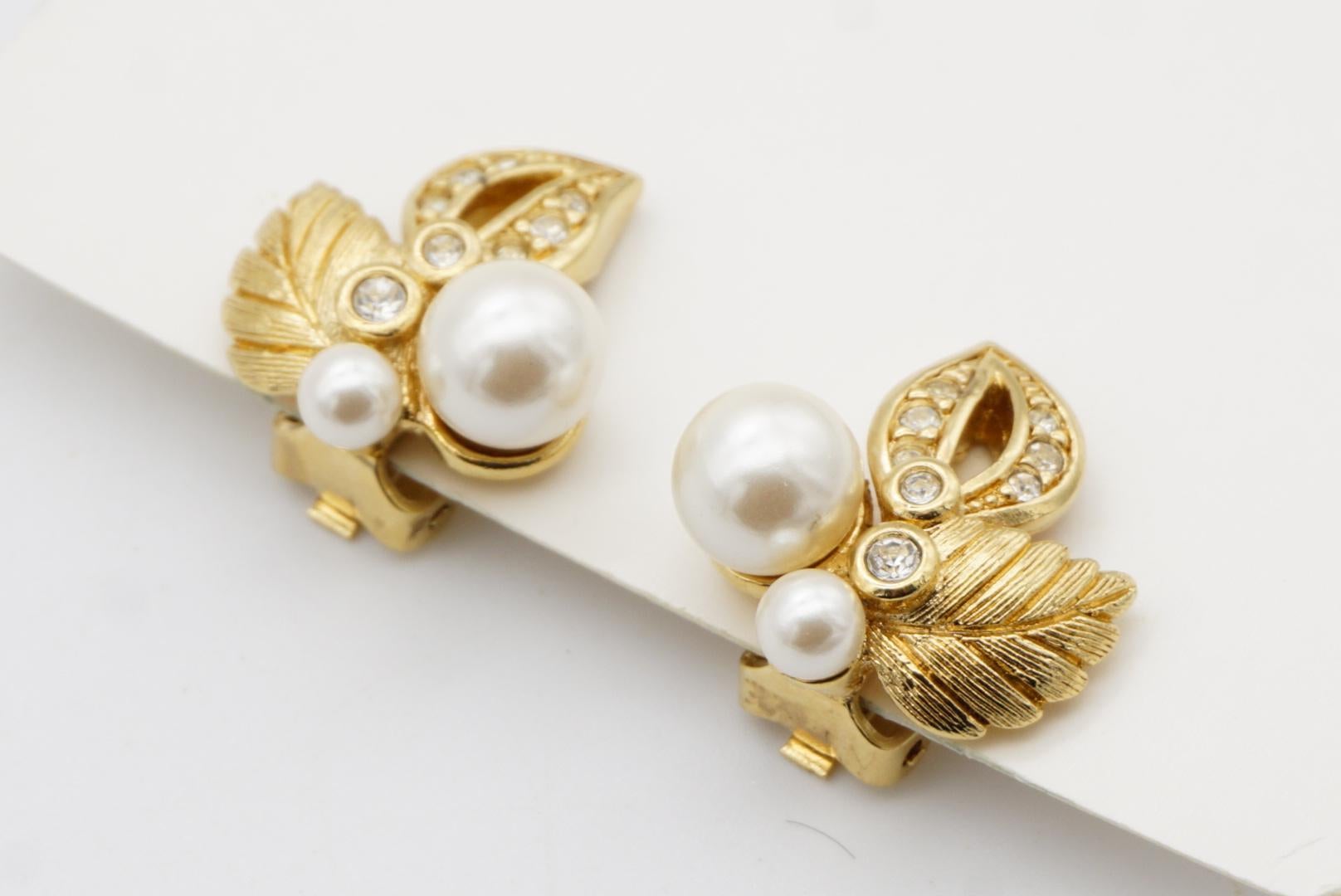Christian Dior 1980s Vintage Flower Double Leaf White Pearls Crystals Earrings For Sale 6