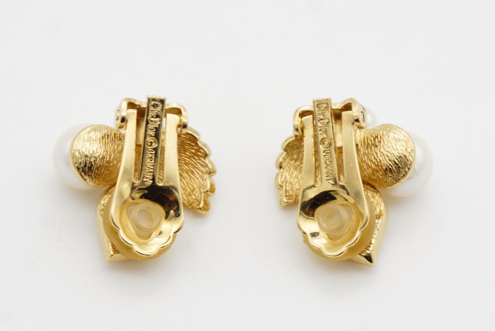 Christian Dior 1980s Vintage Flower Double Leaf White Pearls Crystals Earrings For Sale 7