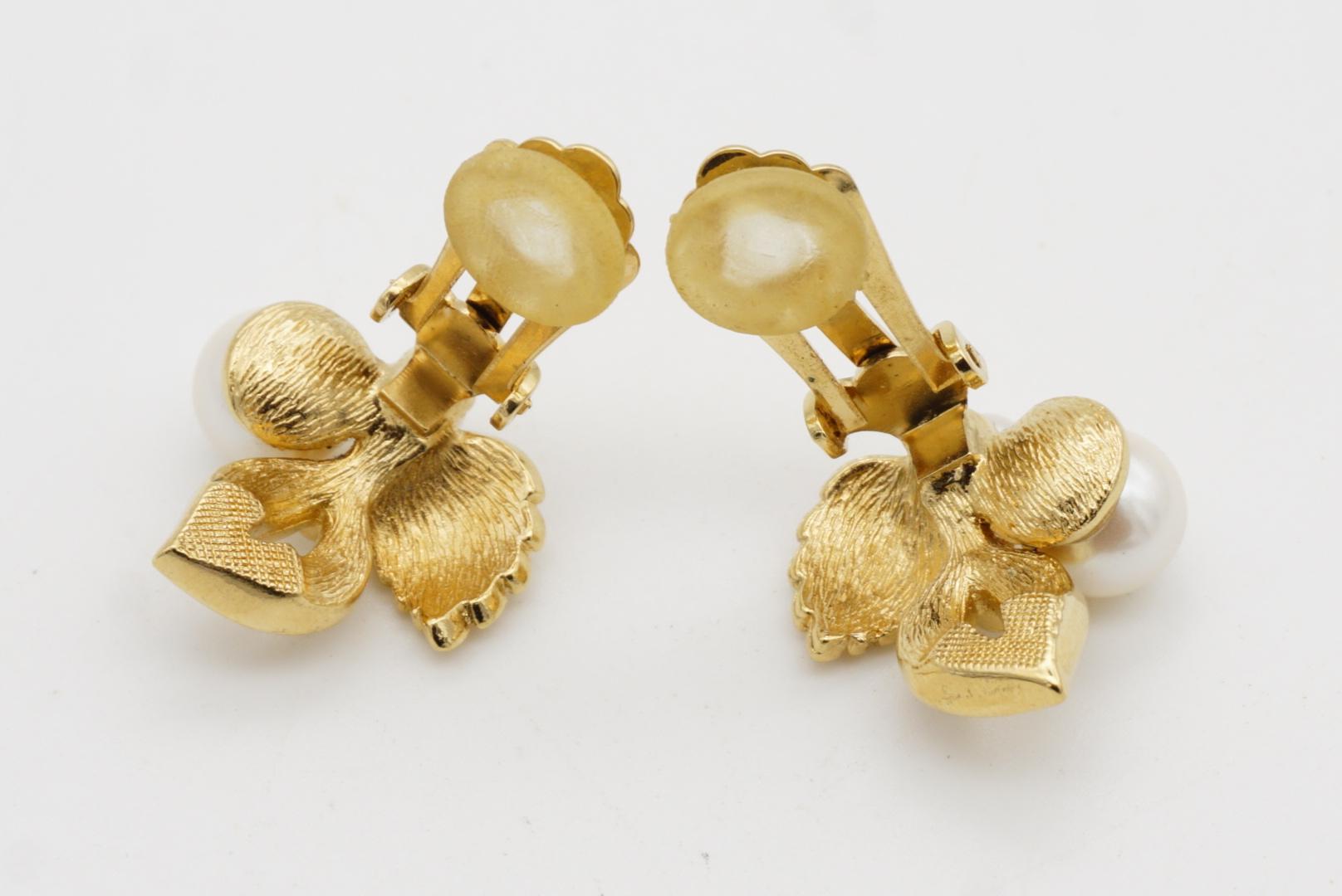 Christian Dior 1980s Vintage Flower Double Leaf White Pearls Crystals Earrings For Sale 8