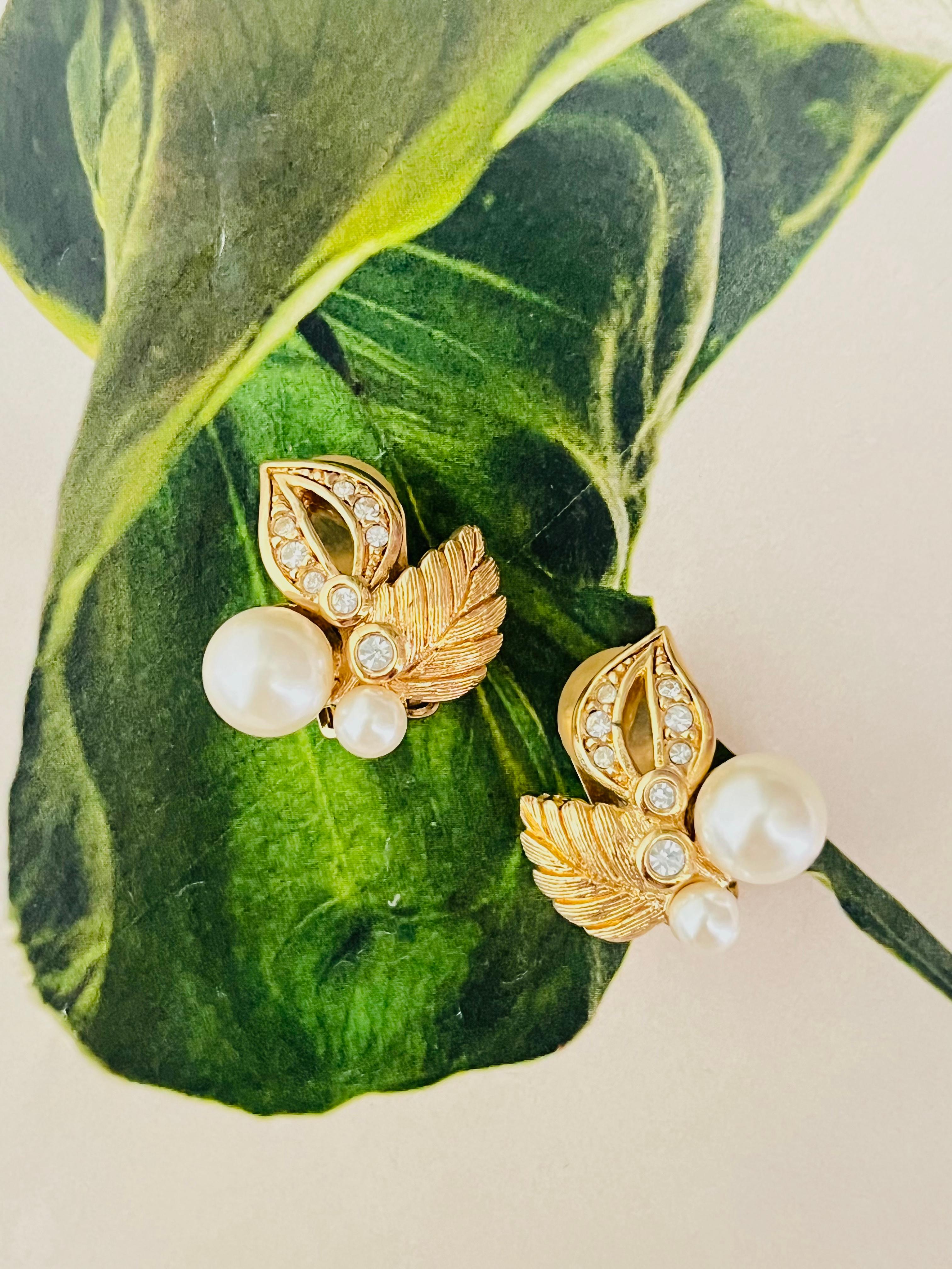 Art Deco Christian Dior 1980s Vintage Flower Double Leaf White Pearls Crystals Earrings For Sale