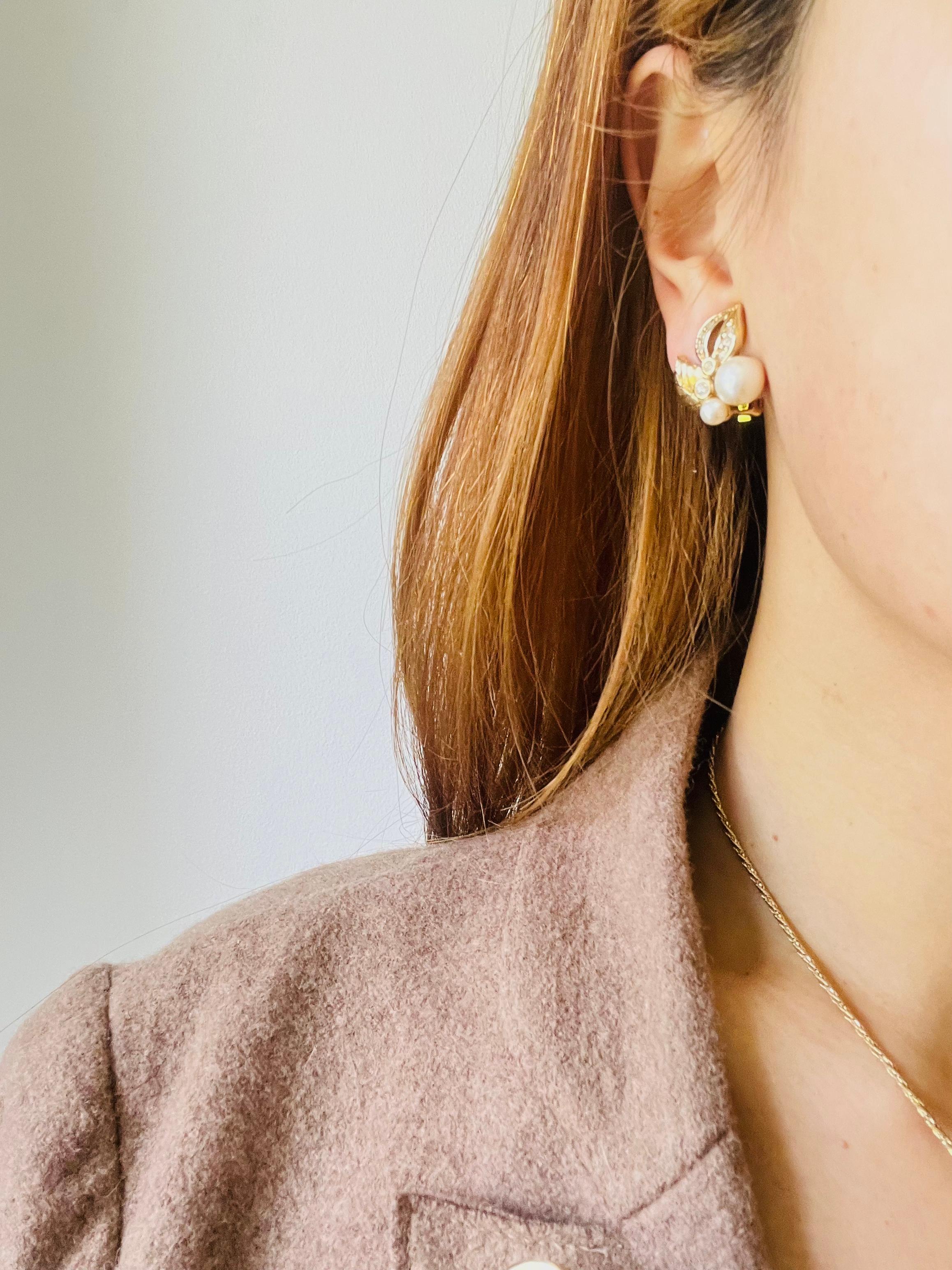 Christian Dior 1980s Vintage Flower Double Leaf White Pearls Crystals Earrings For Sale 2