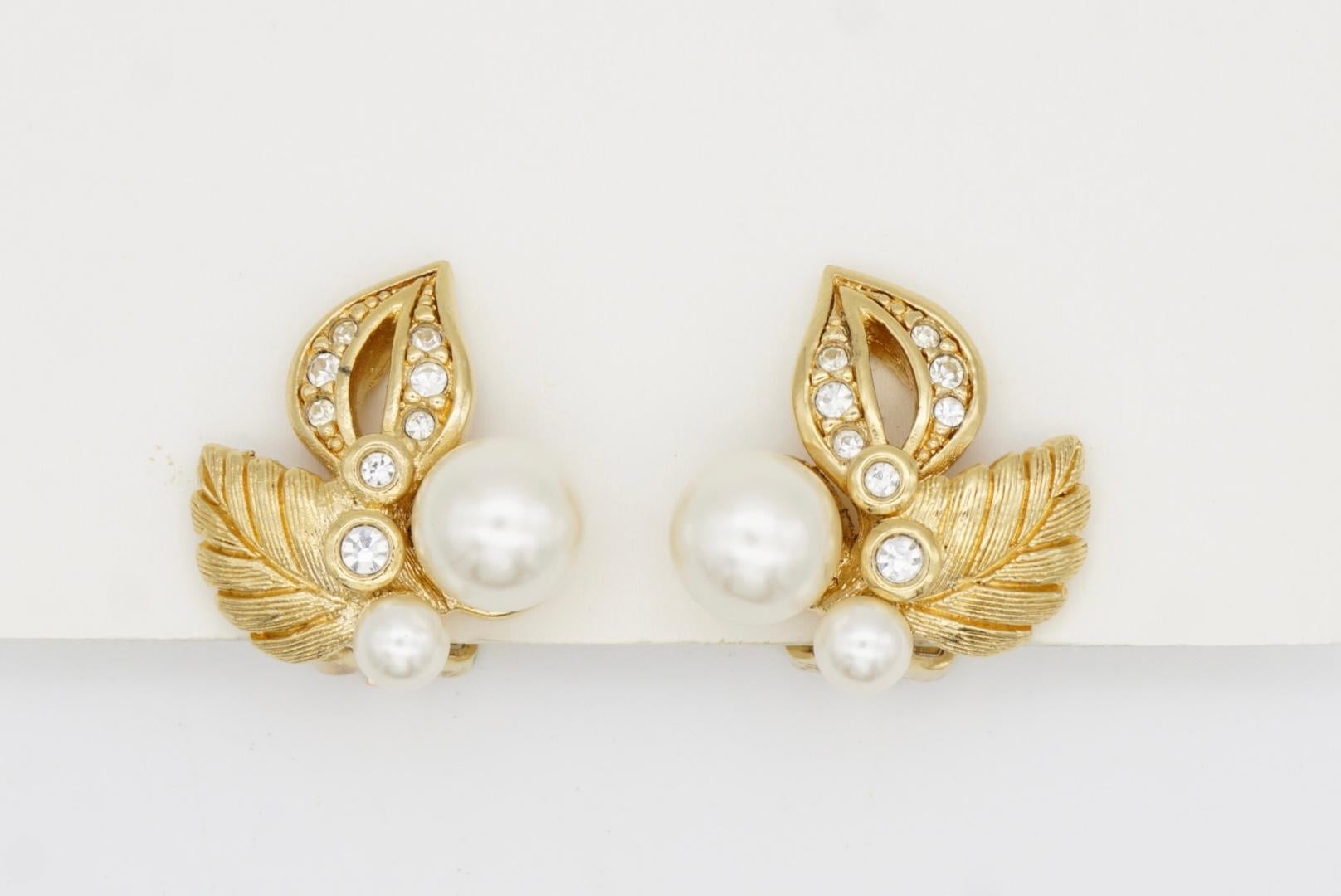 Christian Dior 1980s Vintage Flower Double Leaf White Pearls Crystals Earrings For Sale 3