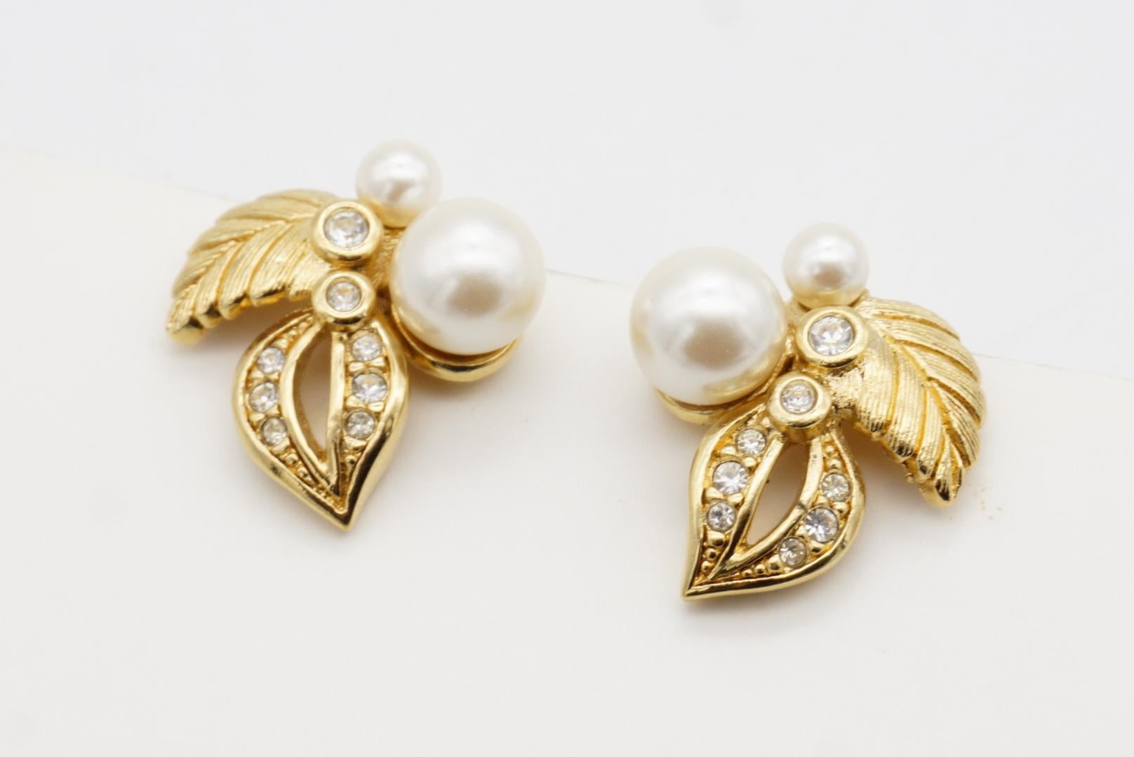 Christian Dior 1980s Vintage Flower Double Leaf White Pearls Crystals Earrings For Sale 4