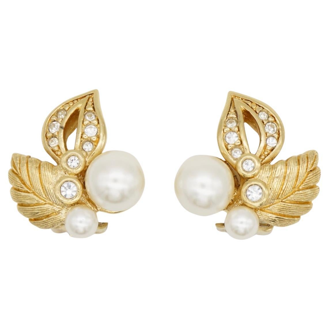 Christian Dior Años 80 Vintage Pendientes Flor Doble Hoja Blanco Perlas Cristales