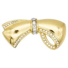 Christian Dior 1980 Vintage Glow Knot Ribbon Openwork Crystals Gold Brooch