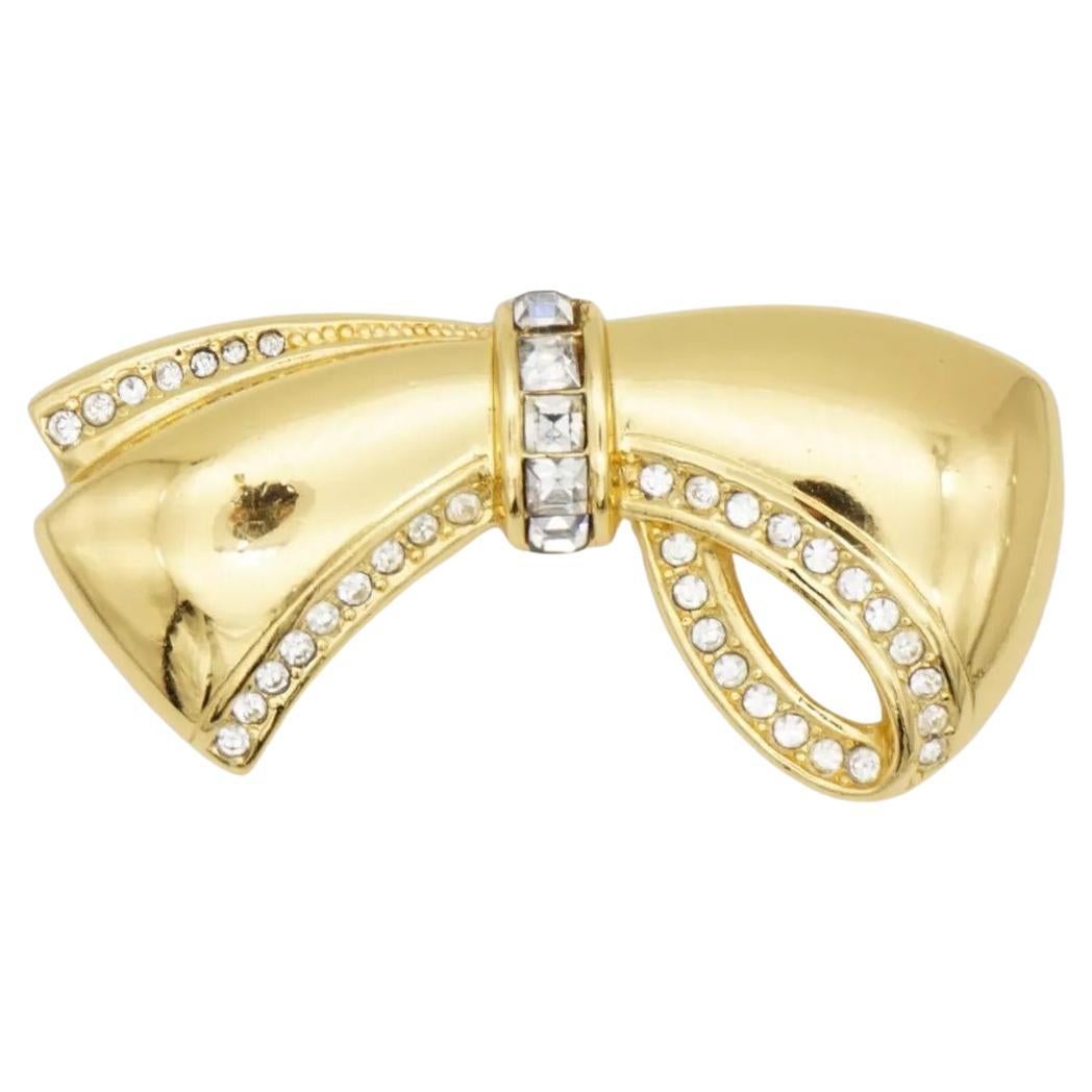 Christian Dior 1980s Vintage Glow Knot Bow Ribbon Openwork Crystals Gold Brooch