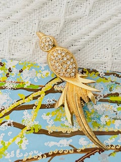 Christian Dior 1980s Vintage Gold Crystals Peacock Bird Long Feather Tail Brooch