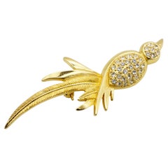 Christian Dior 1980s Vintage Gold Crystals Peacock Bird Long Feather Tail Brooch