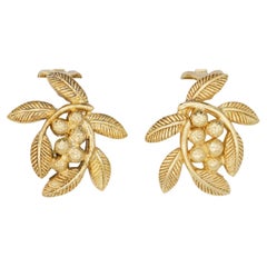 Christian Dior 1980s Vintage Gold Double Olive Leaf Fruit Relief Clip Earrings