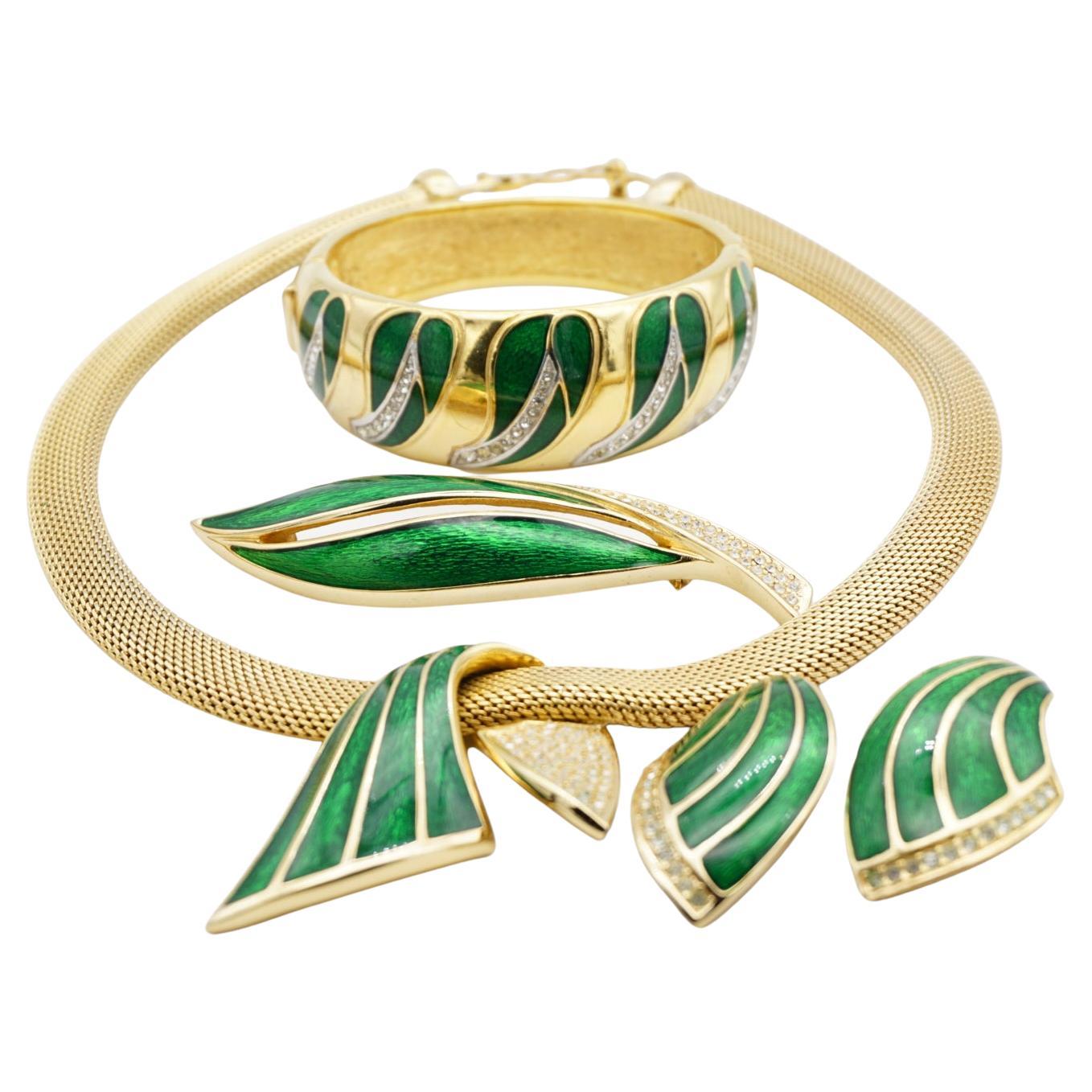 Christian Dior 1980s Vintage Green Enamel Crystals Leaf Flower Omega Mesh 4 Set For Sale