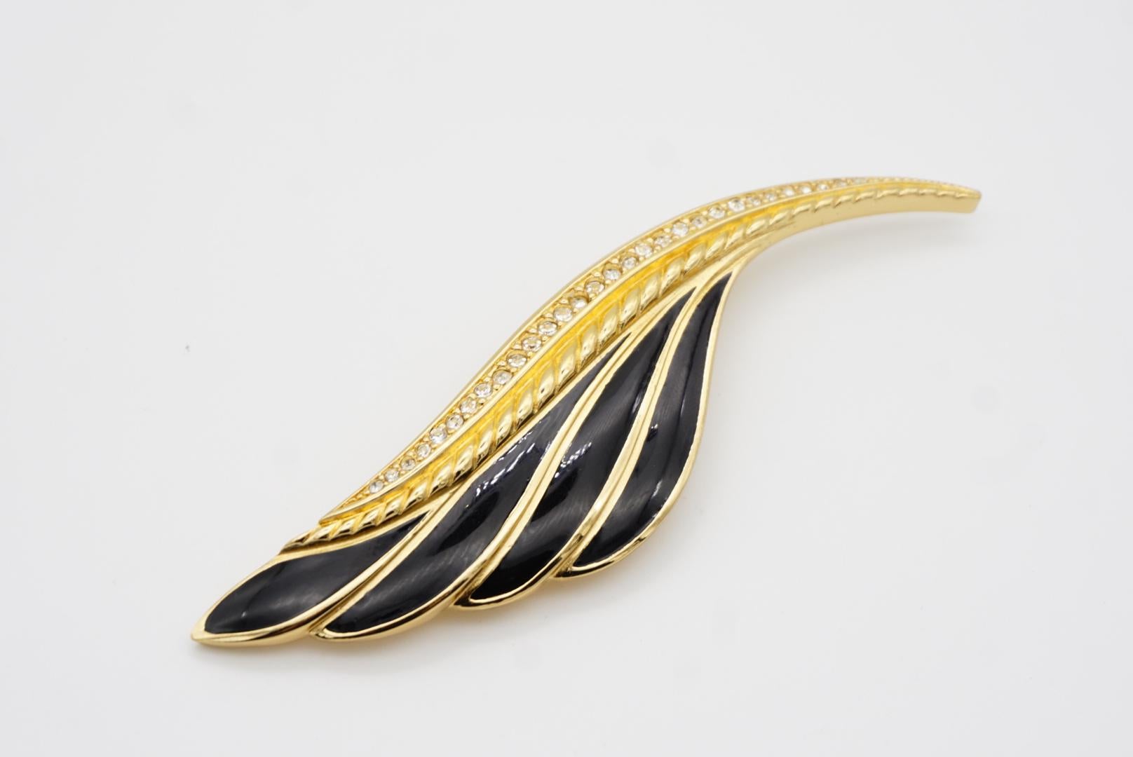 Christian Dior 1980s Vintage Huge Large Vivid Black Crystal Feather Leaf Brooch 9