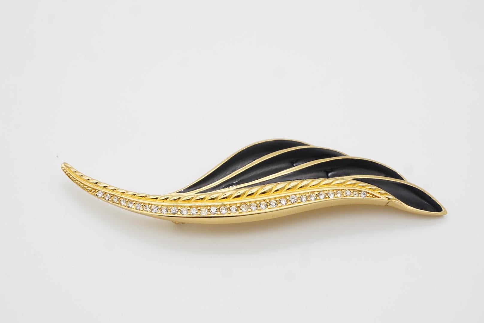 Christian Dior 1980s Vintage Huge Large Vivid Black Crystal Feather Leaf Brooch 10