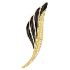 Christian Dior 1980s Vintage Huge Large Vivid Black Crystal Feather Leaf Brooch