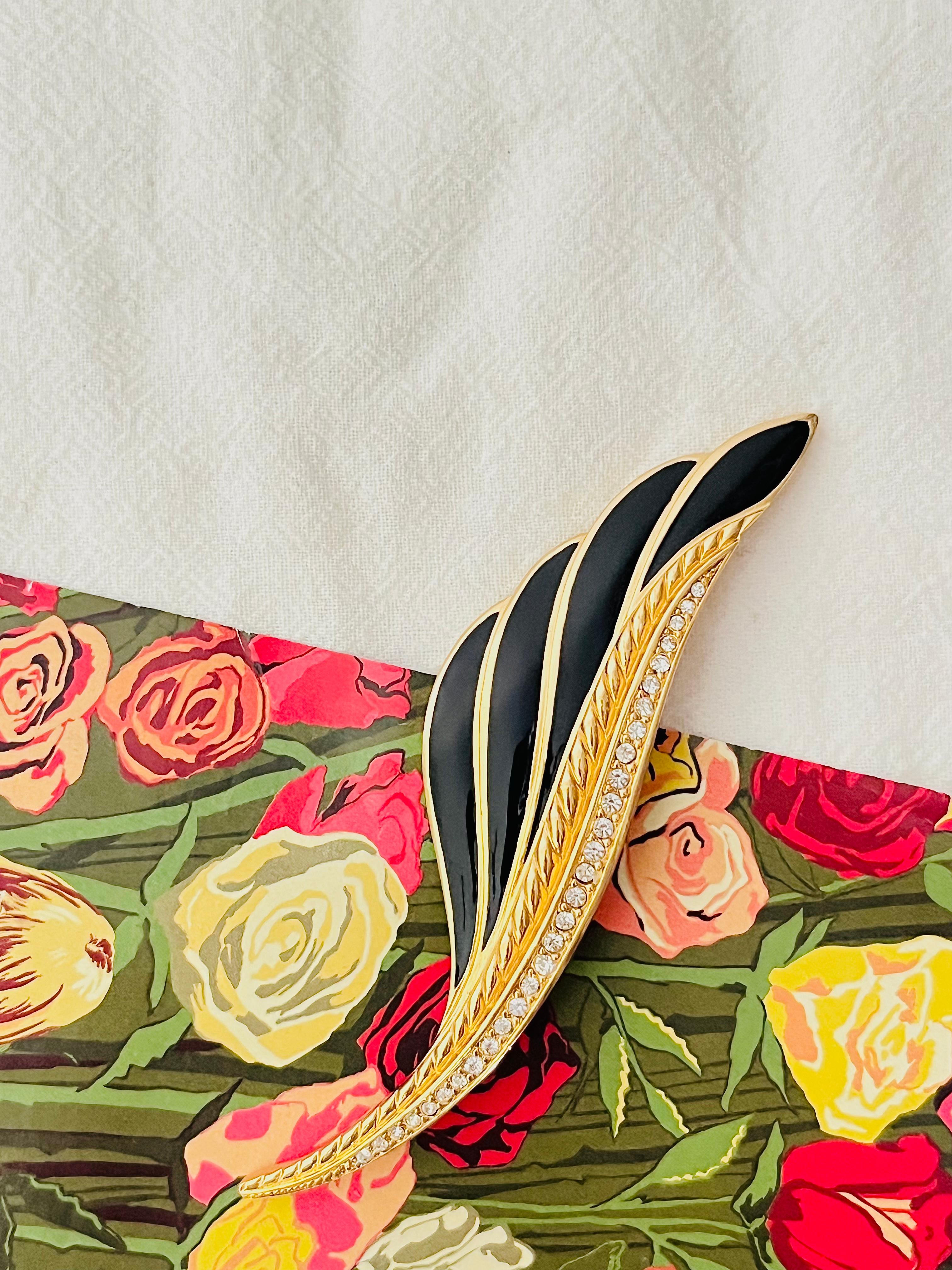 Christian Dior 1980s Vintage Huge Large Vivid Black Crystal Feather Leaf Brooch In Excellent Condition In Wokingham, England