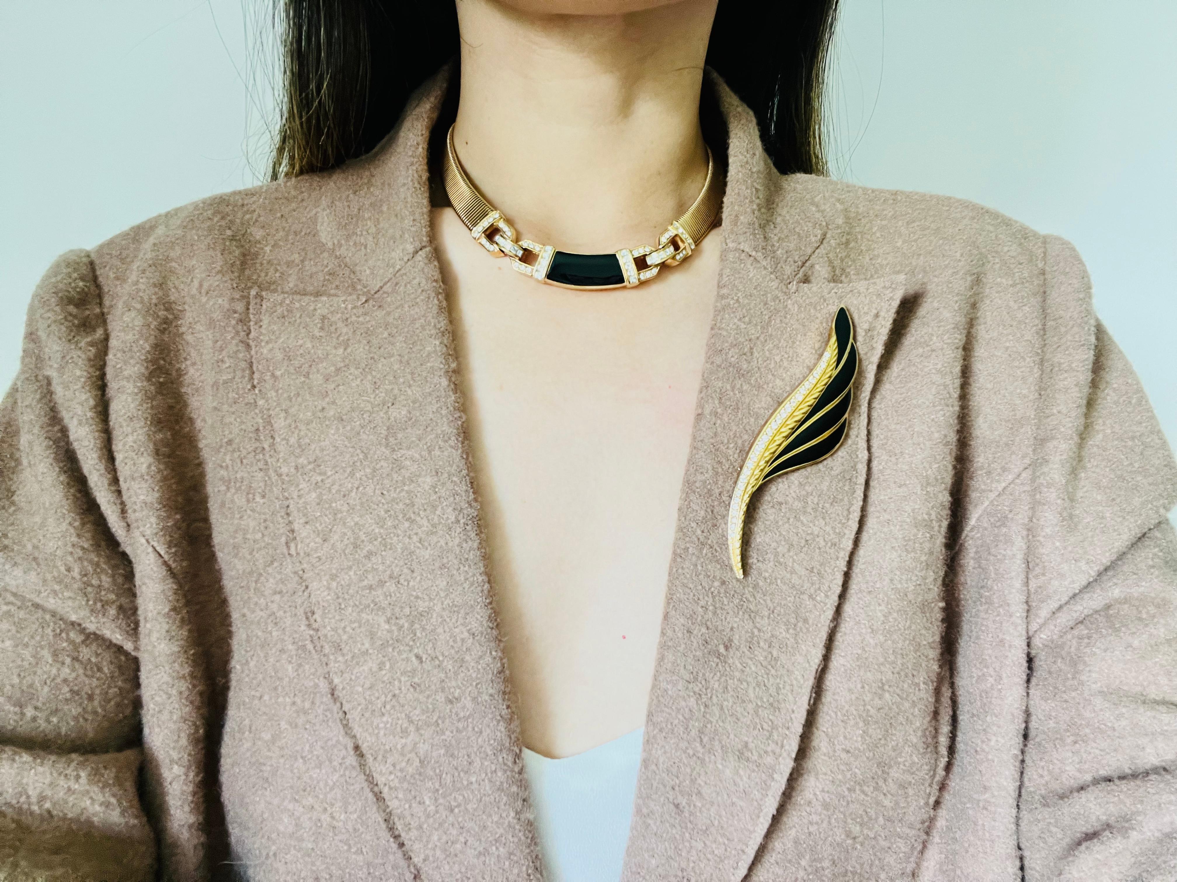 Christian Dior 1980s Vintage Huge Large Vivid Black Crystal Feather Leaf Brooch 1