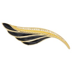 Christian Dior 1980s Vintage Huge Large Vivid Black Crystal Feather Leaf Brooch