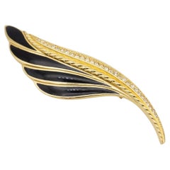 Christian Dior 1980s Vintage Huge Large Vivid Black Crystal Feather Leaf Brooch