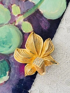 Christian Dior 1980s Vintage Large Blossom Orchid Leaf Flower Crystals Brooch