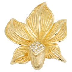 Christian Dior 1980s Vintage Large Blossom Orchid Leaf Flower Crystals Brooch