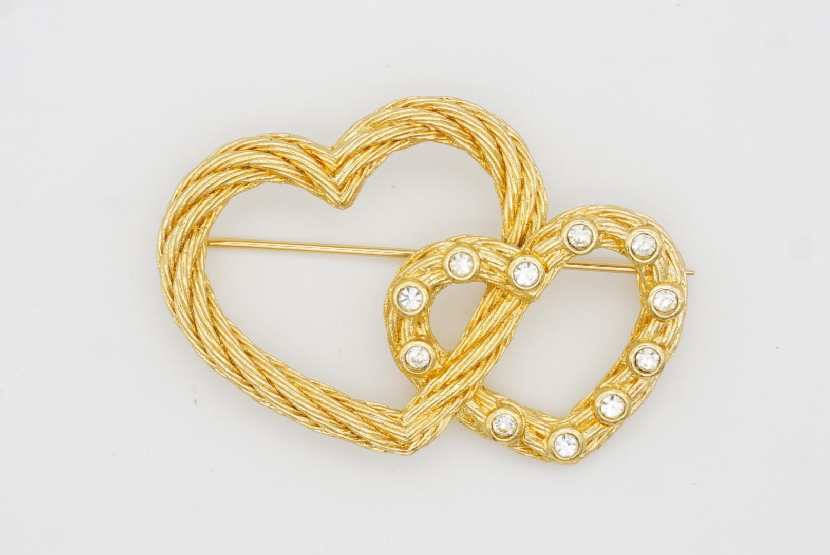 Christian Dior 1980s Vintage Large Double Heart Love Crystals Twist Rope Brooch For Sale 6