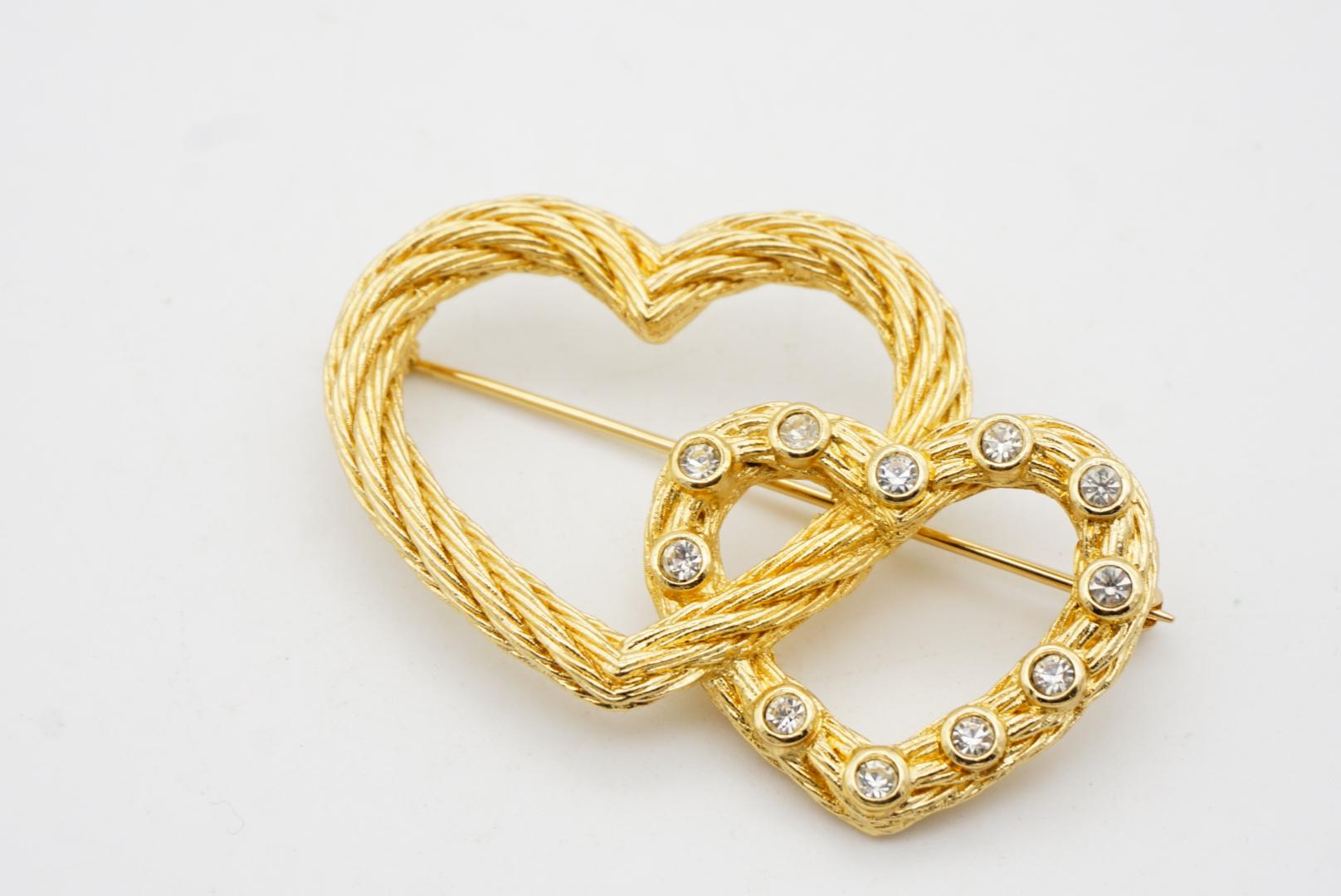 Christian Dior 1980s Vintage Large Double Heart Love Crystals Twist Rope Brooch For Sale 7