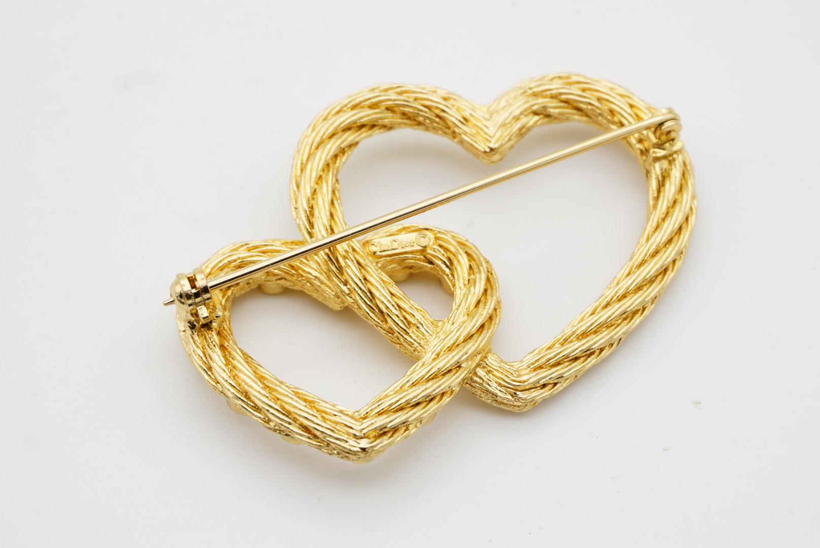 Christian Dior 1980s Vintage Large Double Heart Love Crystals Twist Rope Brooch For Sale 11