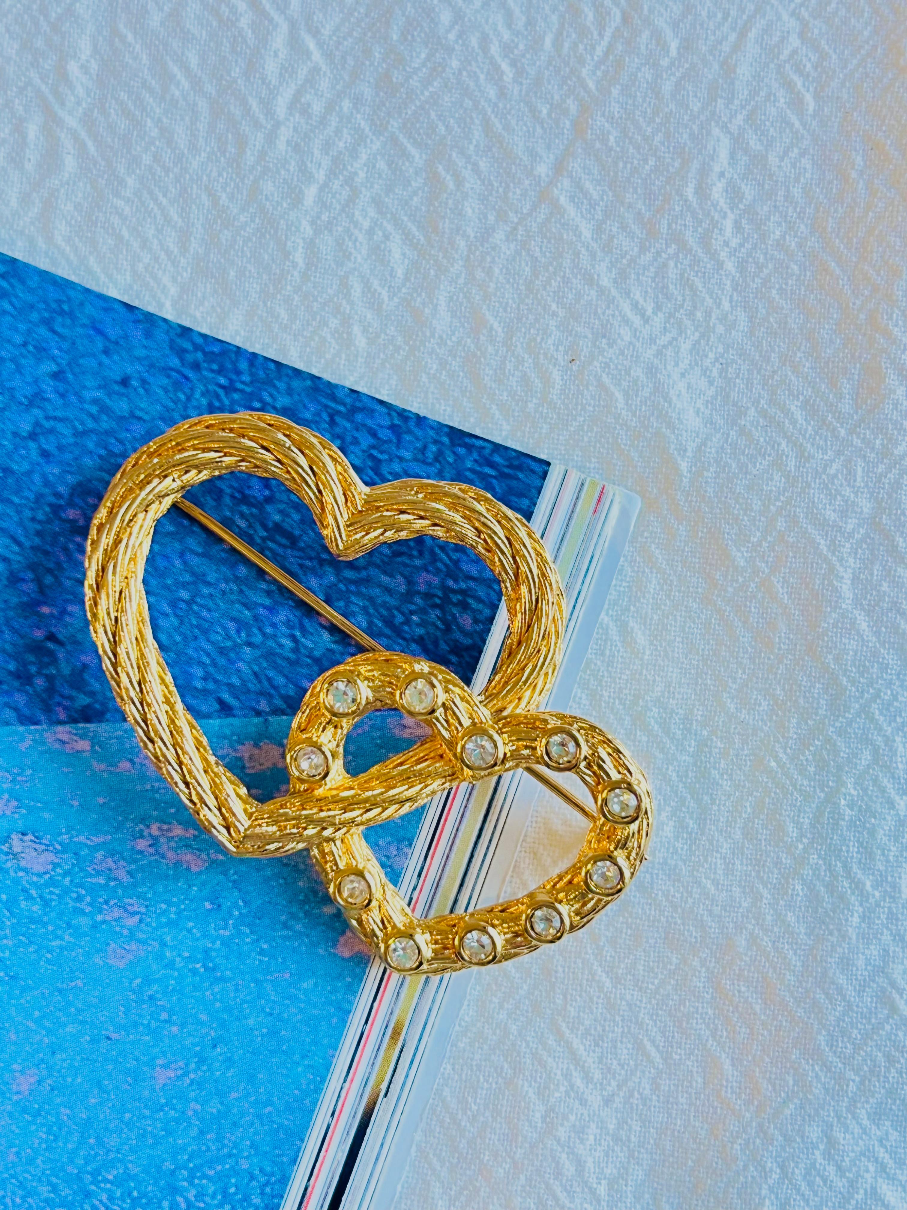 Baroque Revival Christian Dior 1980s Vintage Large Double Heart Love Crystals Twist Rope Brooch For Sale