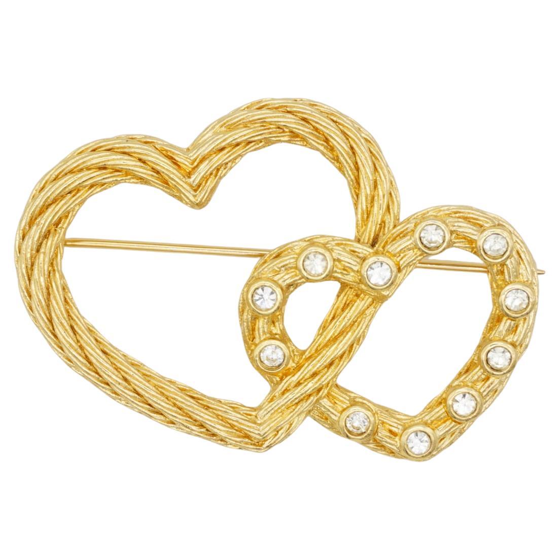 Christian Dior 1980s Vintage Large Double Heart Love Crystals Twist Rope Brooch en vente