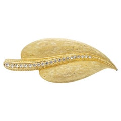 Christian Dior 1980s Vintage Large Gold Vivid Wavy Leaf Crystals Chunky Brooch