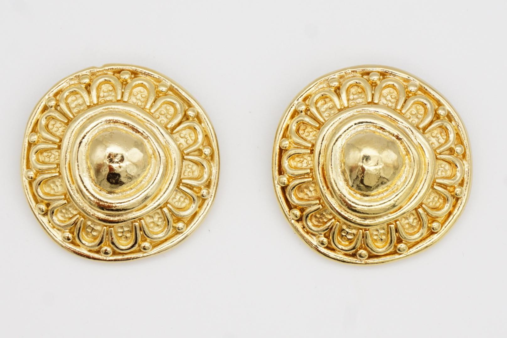 Christian Dior 1980s Vintage Large Round Sunburst Floral Relief Clip Earrings 3