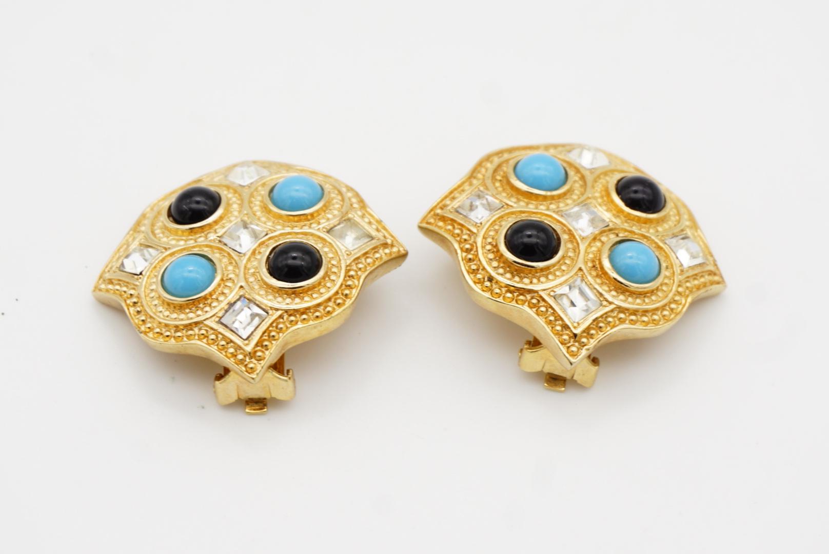 Christian Dior 1980s Vintage Large Square Blue Black Crystals Chunky Earrings For Sale 5