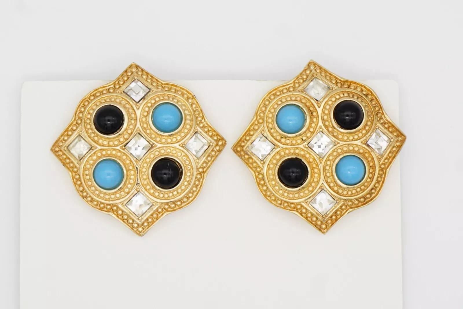 Christian Dior 1980s Vintage Large Square Blue Black Crystals Chunky Earrings For Sale 9