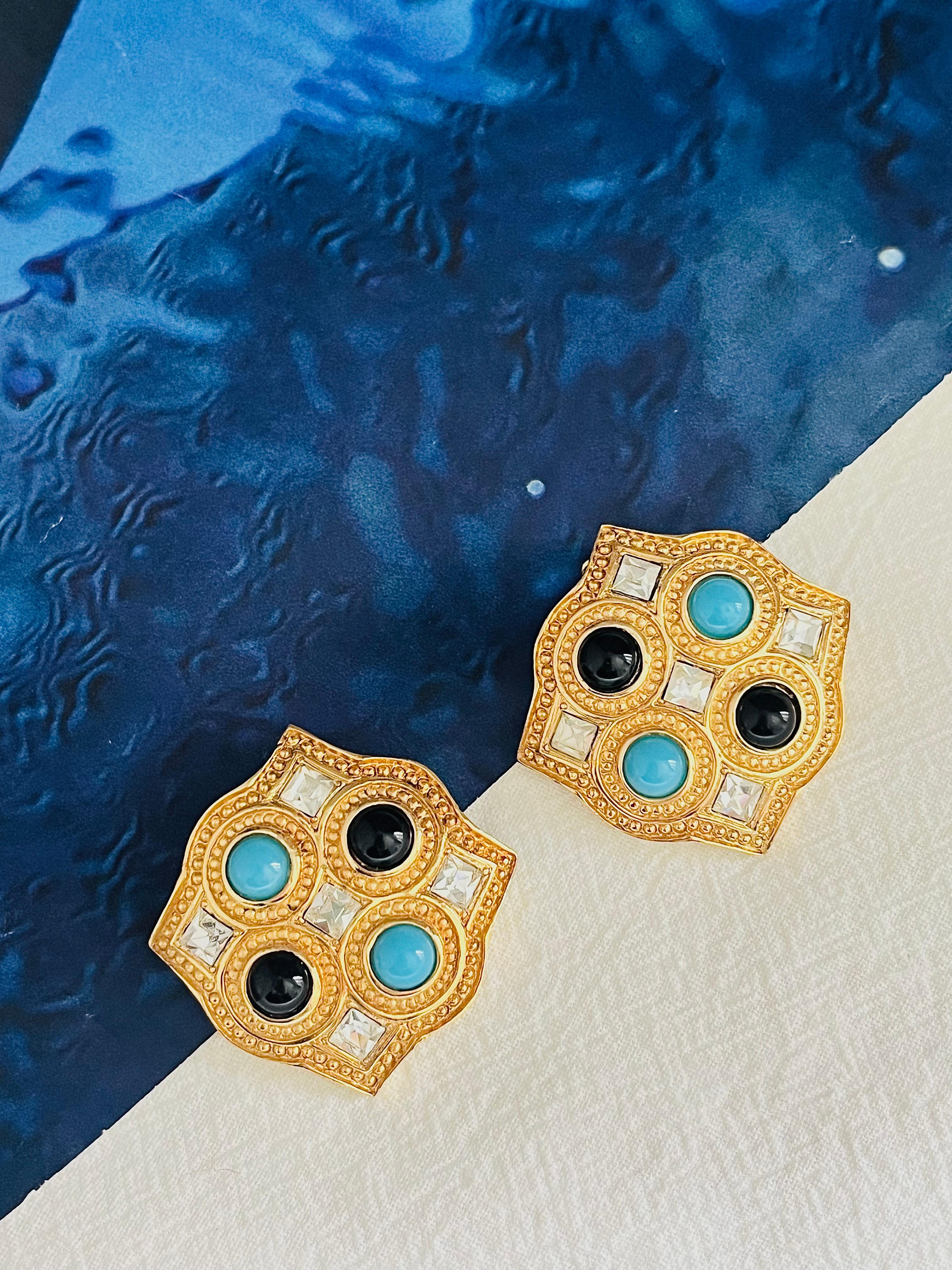 Art Deco Christian Dior 1980s Vintage Large Square Blue Black Crystals Chunky Earrings For Sale