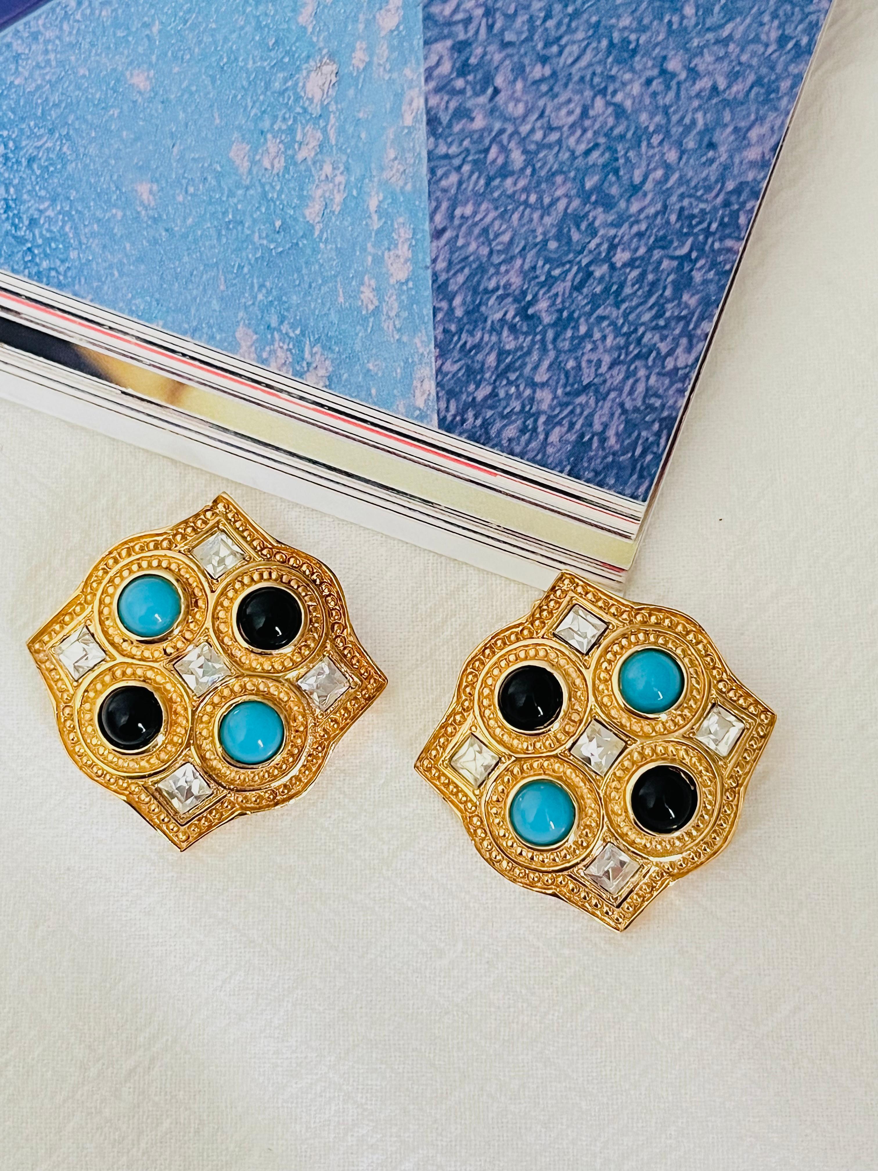 Christian Dior 1980s Vintage Large Square Blue Black Crystals Chunky Earrings In Excellent Condition For Sale In Wokingham, England