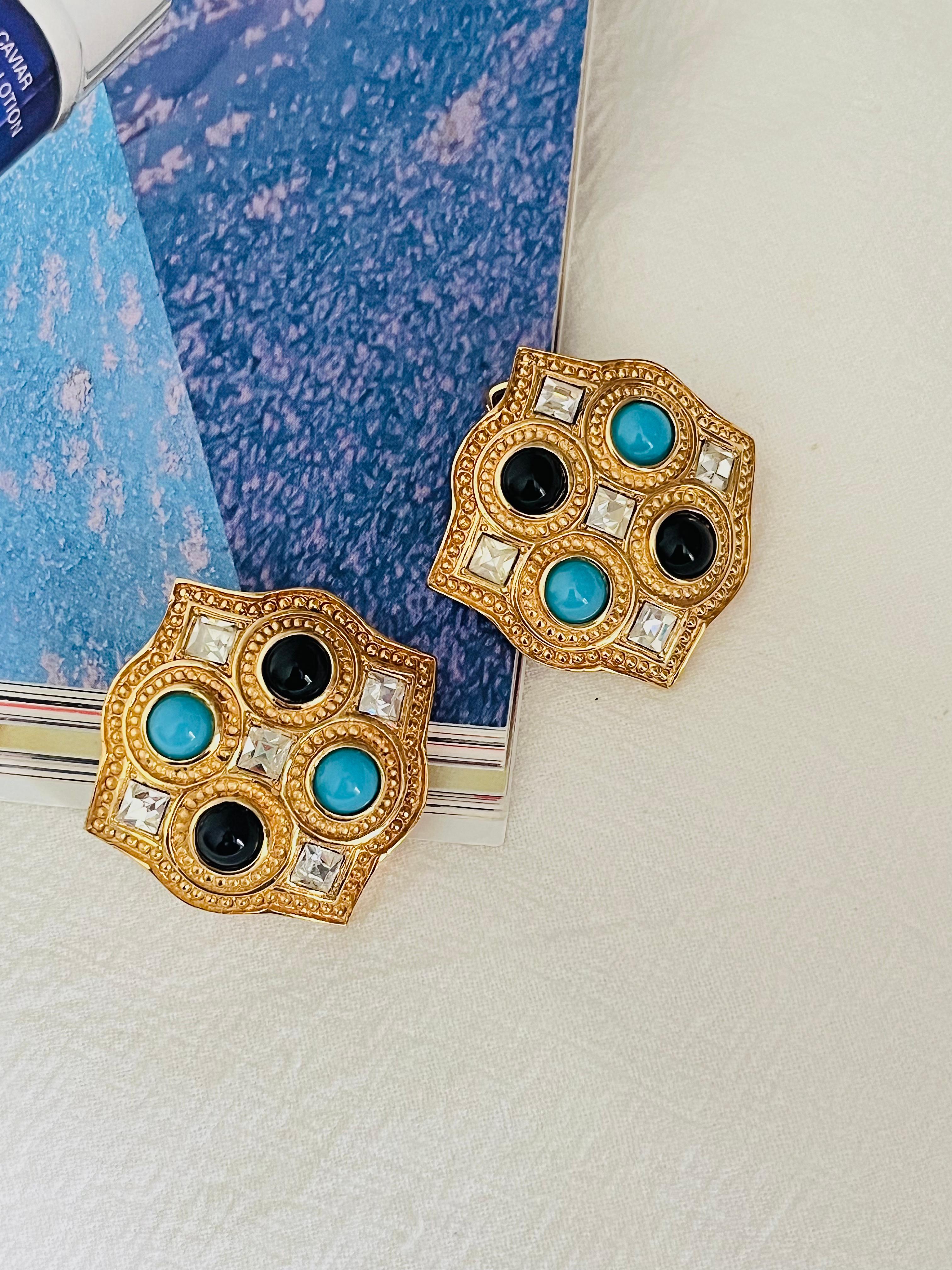 Women's or Men's Christian Dior 1980s Vintage Large Square Blue Black Crystals Chunky Earrings For Sale