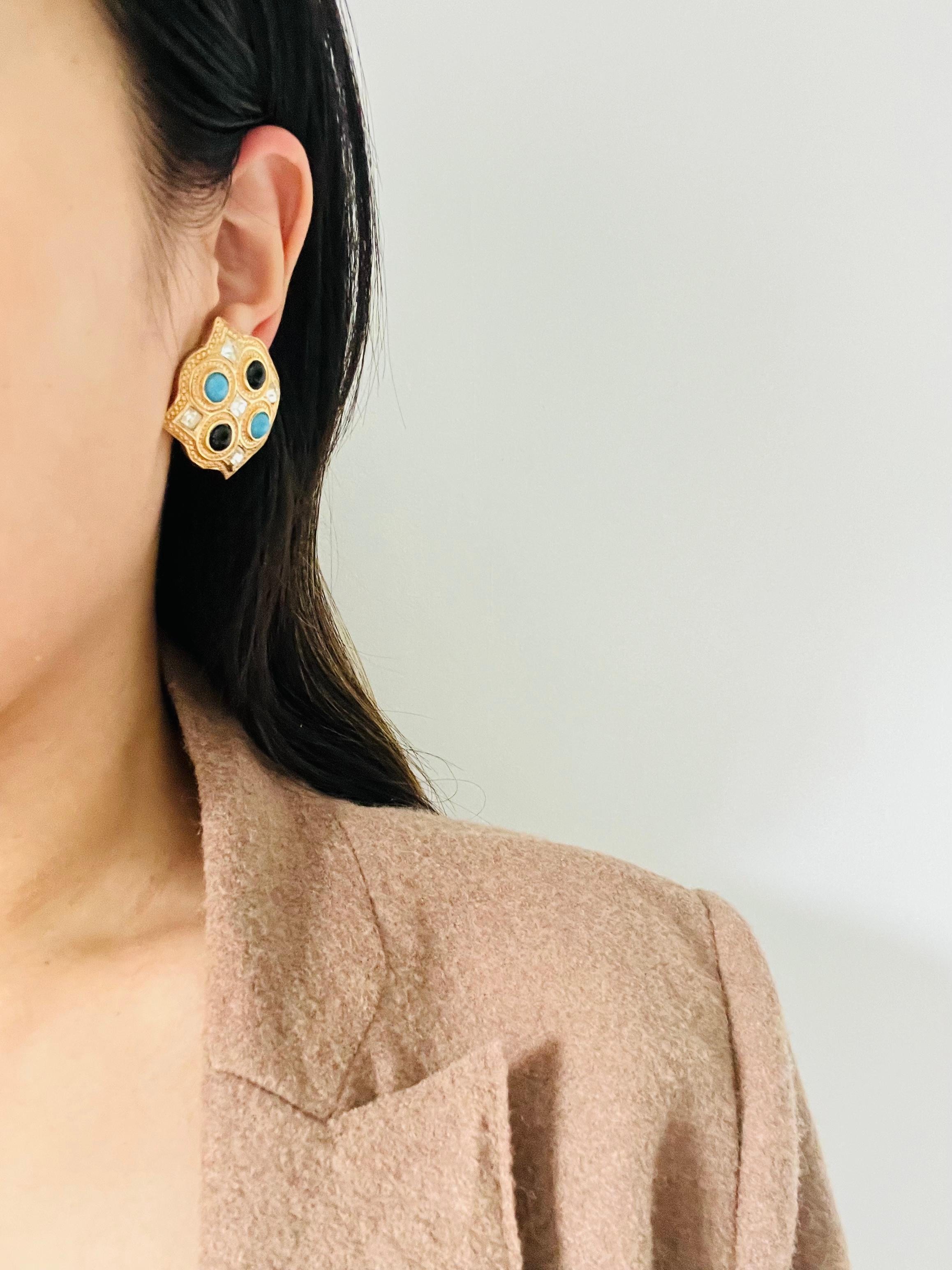 Christian Dior 1980s Vintage Large Square Blue Black Crystals Chunky Earrings For Sale 1