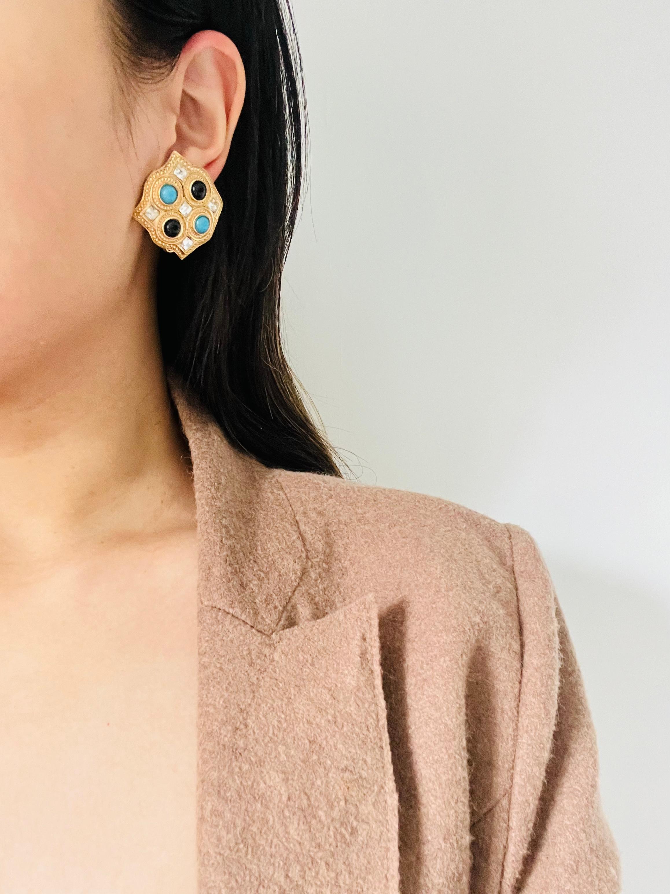 Christian Dior 1980s Vintage Large Square Blue Black Crystals Chunky Earrings For Sale 2