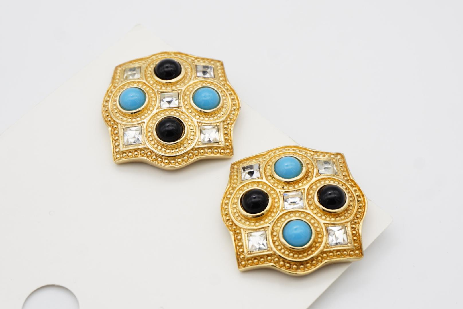 Christian Dior 1980s Vintage Large Square Blue Black Crystals Chunky Earrings For Sale 3
