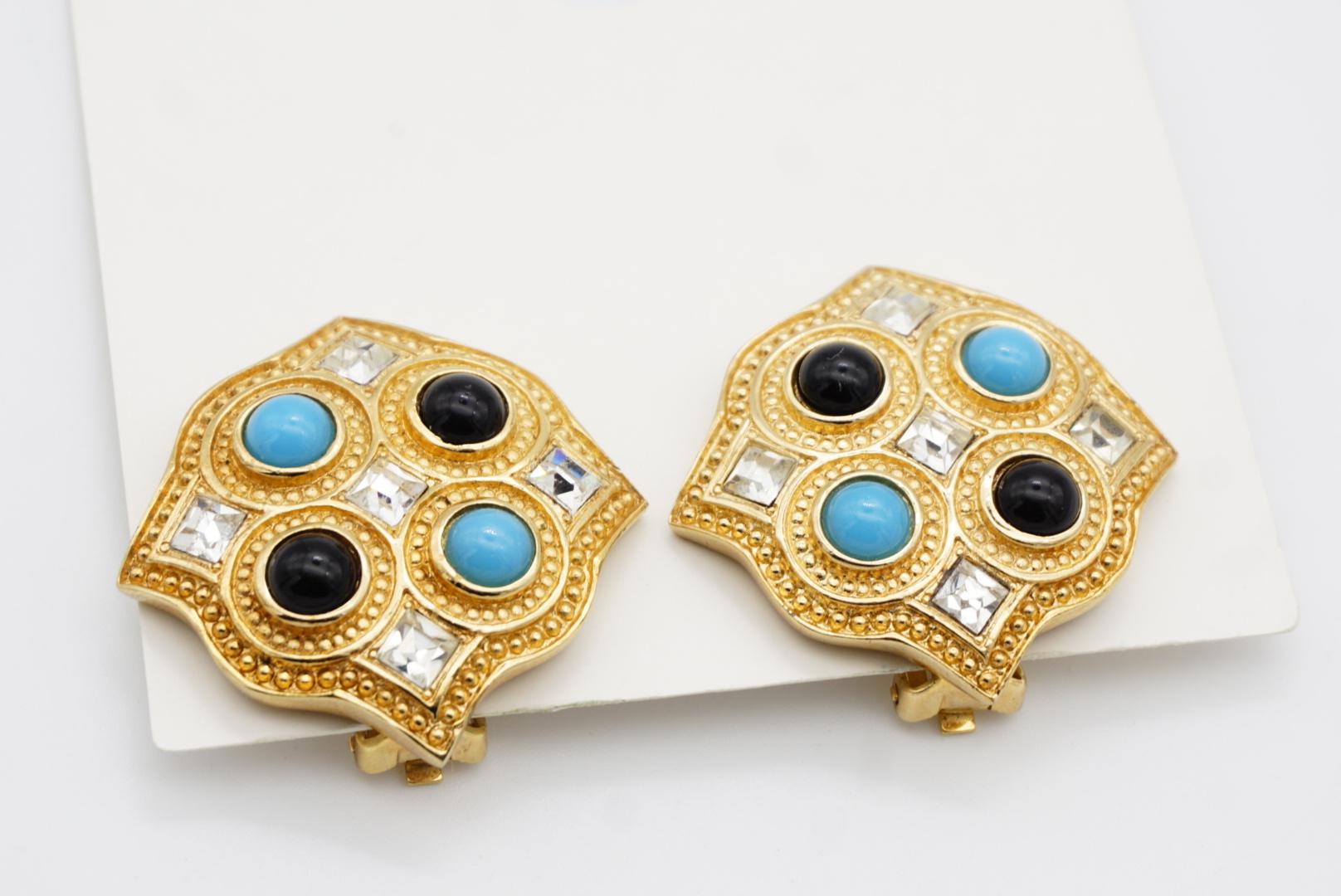 Christian Dior 1980s Vintage Large Square Blue Black Crystals Chunky Earrings For Sale 4
