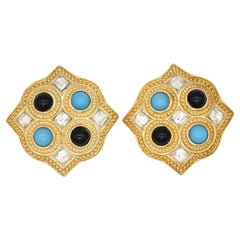Christian Dior 1980s Vintage Large Square Blue Black Crystals Chunky Earrings Christian Dior 1980s Vintage Large Square Blue Black Crystals Chunky Earrings