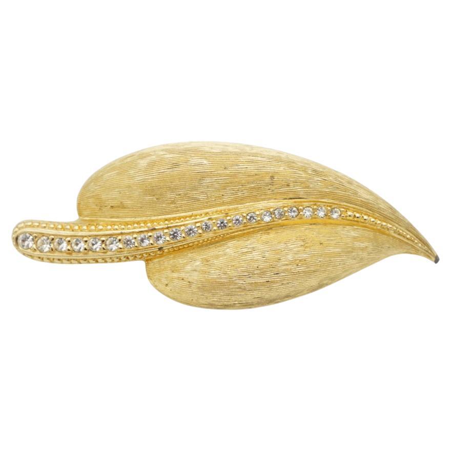 Christian Dior 1980s Vintage Large Vivid Wavy Leaf Crystals Chunky Gold Brooch For Sale