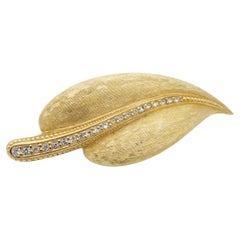 Christian Dior 1980s Vintage Large Vivid Wavy Leaf Row Crystal Statement Brooch