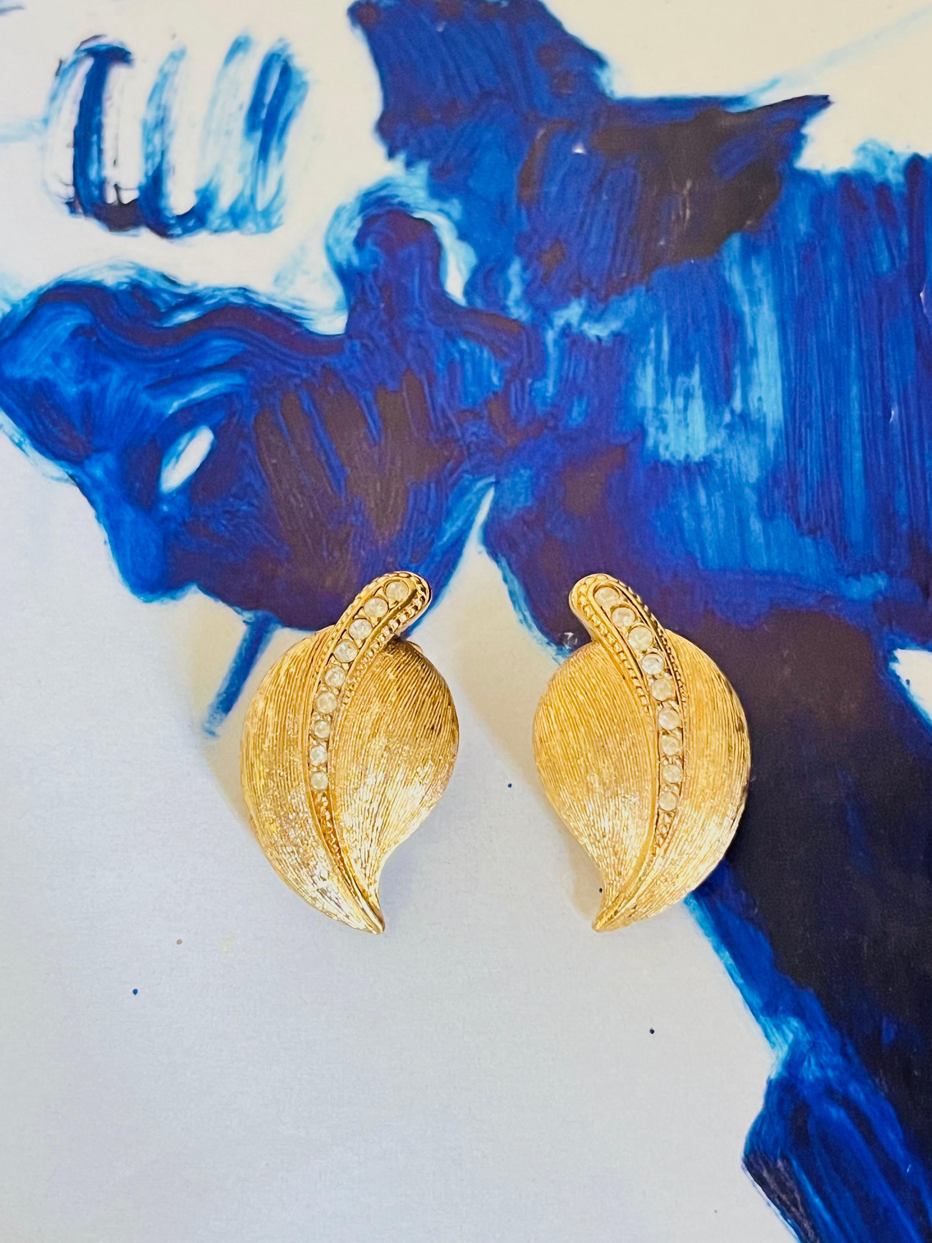 Art Deco Christian Dior 1980s Vintage Large Vivid Wavy Leaf Row Crystals Chunky Earrings For Sale