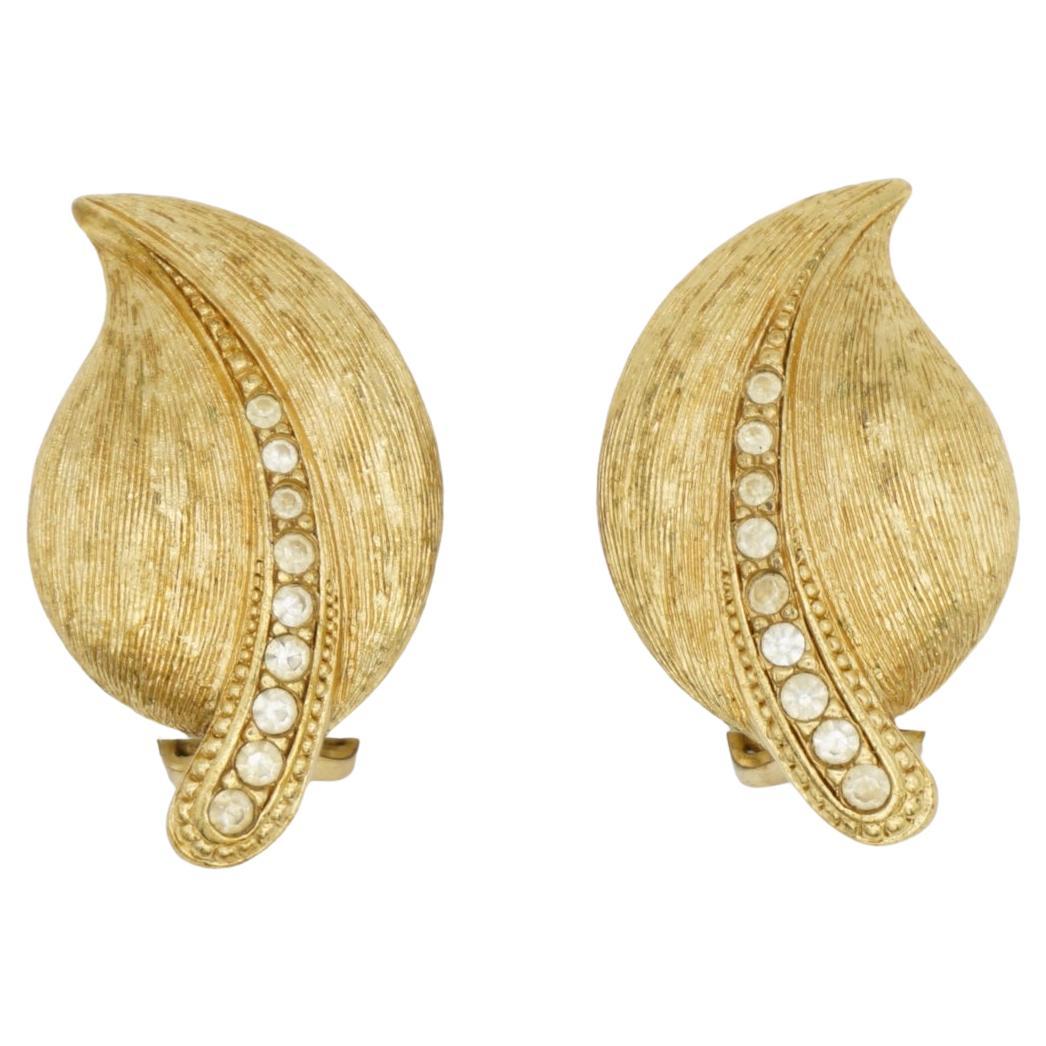 Christian Dior 1980s Vintage Large Vivid Wavy Leaf Row Crystals Chunky Earrings For Sale