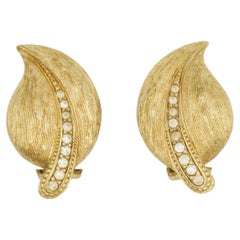 Christian Dior 1980s Vintage Large Vivid Wavy Leaf Row Crystals Chunky Earrings