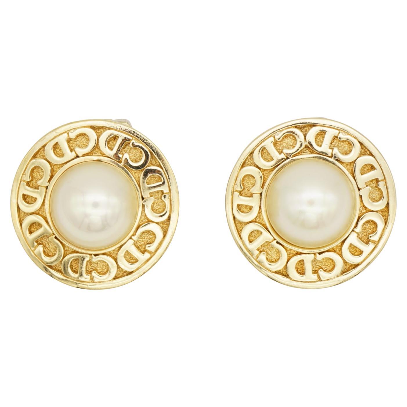 Christian Dior 1980s Vintage Logos CD White Pearl Circle Elegant Clip Earrings For Sale