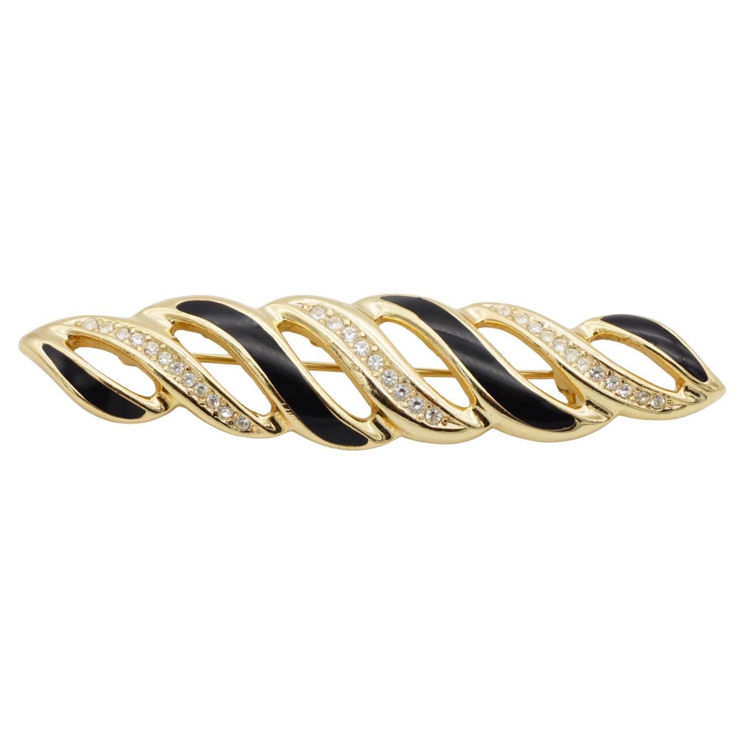 Christian Dior 1980er Jahre Vintage Lange Schwarze Wirbel Twist Kristalle Durchbrochene Brosche