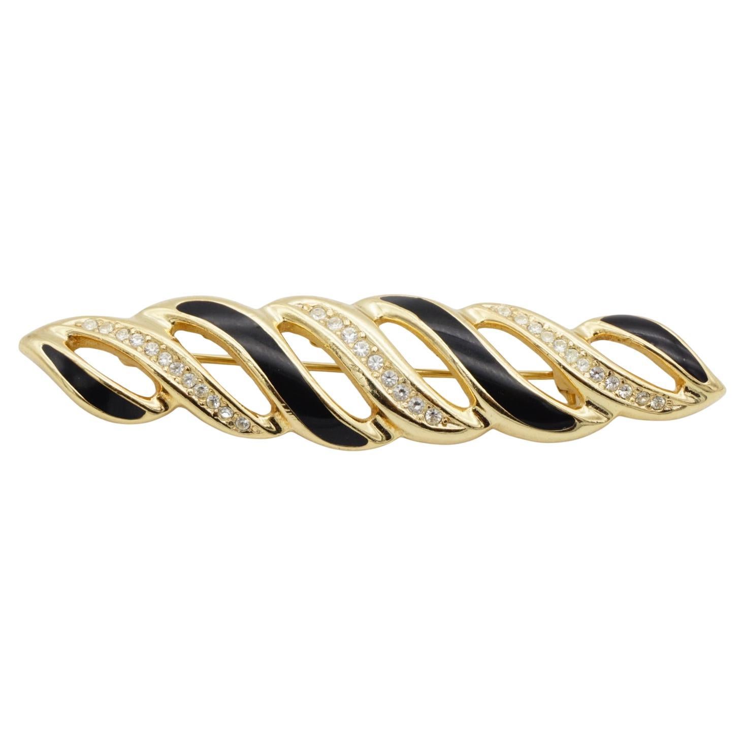 Christian Dior 1980er Jahre Vintage Lange Schwarze Wirbel Twist Kristalle Durchbrochene Brosche