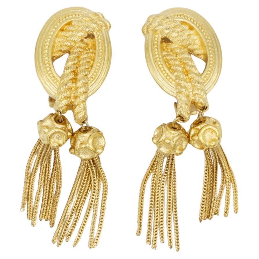 Christian Dior 1980s Vintage Medallion Double Tassel Rope Long Drop Earrings For Sale