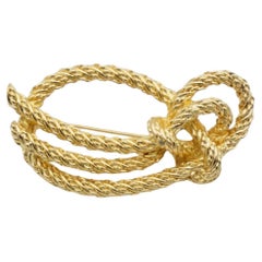 Christian Dior 1980s Vintage Modernist Oval Ribbon Knot Bow Rope Gold Brooch